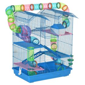PawHut 5 Tiers Hamster Cage, Extra Large, Small Animal House, Wheels, Tubes, Water Bottle, Ladder, Blue