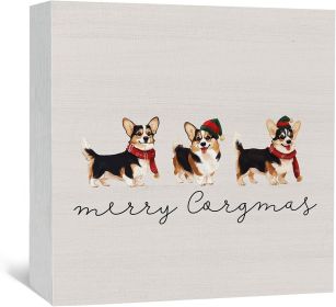 Christmas Wooden Box Sign, Corgi Dog Christmas Decorations, Merry Corgmas Wood Signs For Home Office Desk Shelf Table Decor, 5x5 Inch